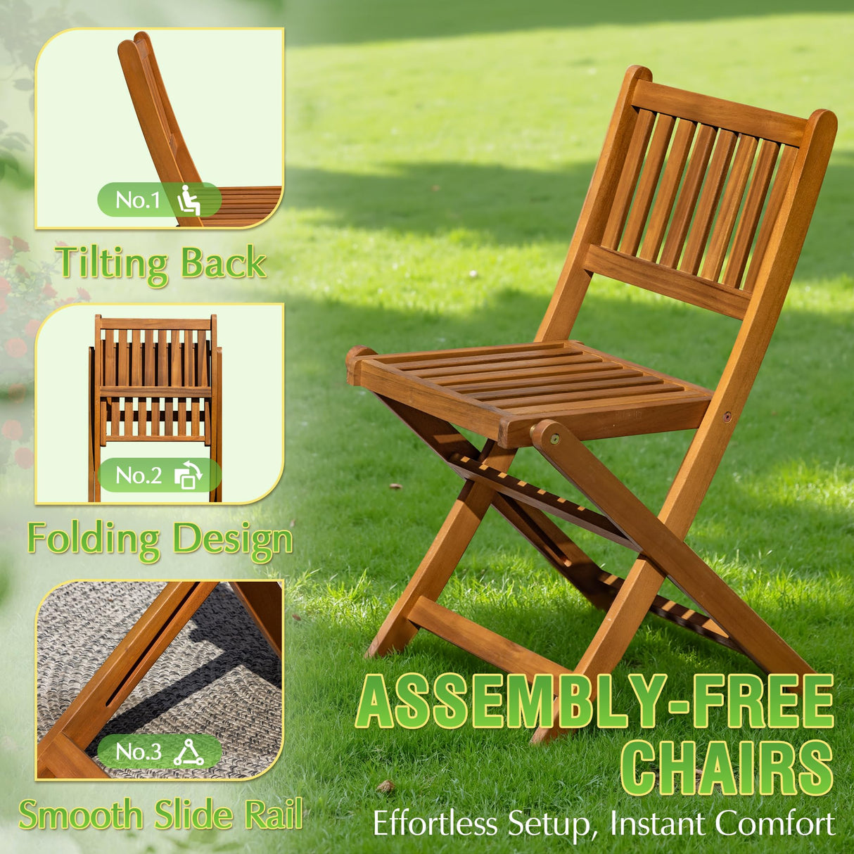 Greesum 5 Piece Patio Dining Set Outdoor Acacia Wood Furniture All-Weather Folding Round Table and Chairs for Backyard, Balcony, Porch, Deck, Garden, Light Brown Greesum