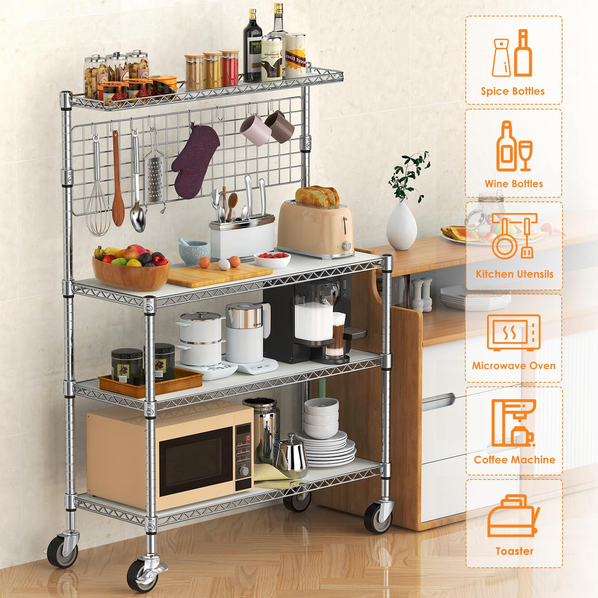 Leteuke Bakers Rack with Storage & Wheels, 42 Inch Microwave Stand Kitchen Shelves, 4-Tier Heavy Duty Storage Rack with 20 S-Hooks, Commercial Metal Utility Kitchen Cart, 42× 18× 63 Inch, Chrome Leteuke