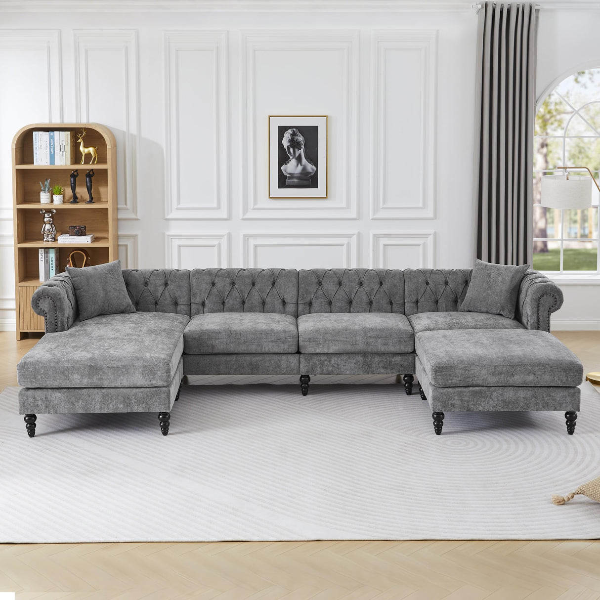 U Shaped Chesterfield Sofa, Oversized Sectional Linen Couch, Chaise Ottoman Sofa Upholstered Accent Tufted Couch with Rolled Armrest and Nailhead Design for Living Room, Office - Grey ORRD