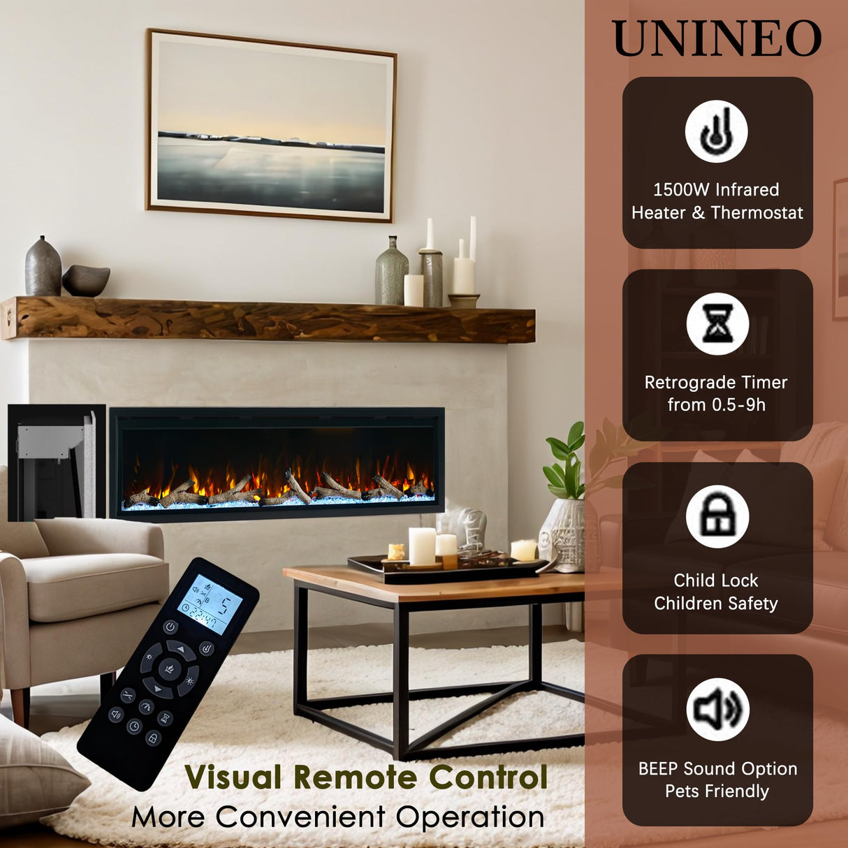 Unineo 72 Inch Electric Fireplace w/Aluminum Frame, Hidden Air Vents Design, Recessed and Wall Mounted Fireplace Heater w/Thermostat, 12×13×5 Realistic Flame, Visual Remote, Log and Crystal, Black Unineo