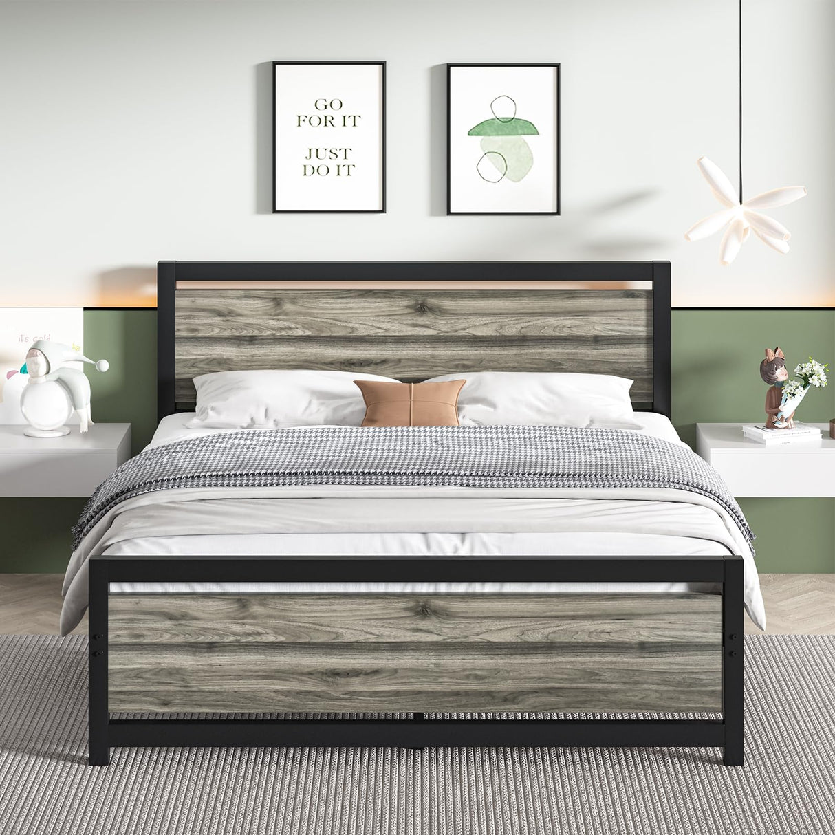 Catrimown Heavy Duty Full Size Bed Frame with Stylish Washed Grey Wood Headboard and Footboard Catrimown