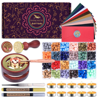 Aottom Wax Seal Stamp Kit with Gift Box, 24 Colors 650 Pcs Beads, Warmer, Envelopes, Candles, Stamp, Metallic Pen for Gift and Decoration