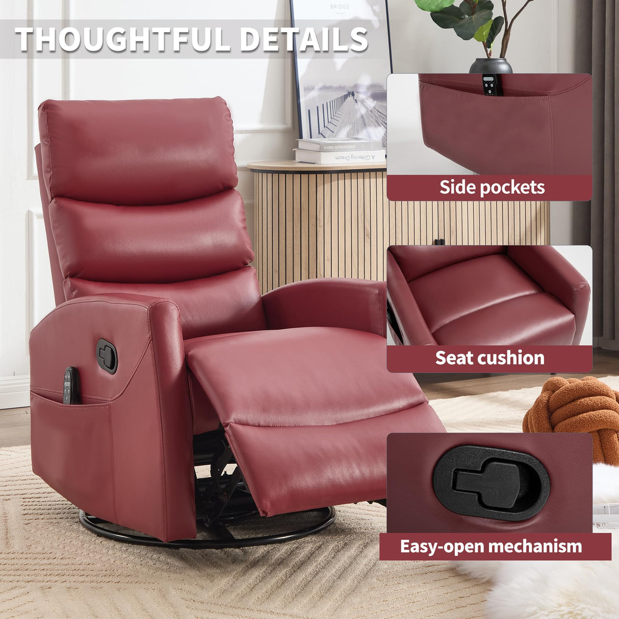 360° Swivel Recliner Chair for Adults, Small Manual Rocker with Heat & Massage, PU Leather Upholstered, Adjustable Backrest, Footrest & Side Pockets, Modern Living Room Chair, Red ALYIAMXL