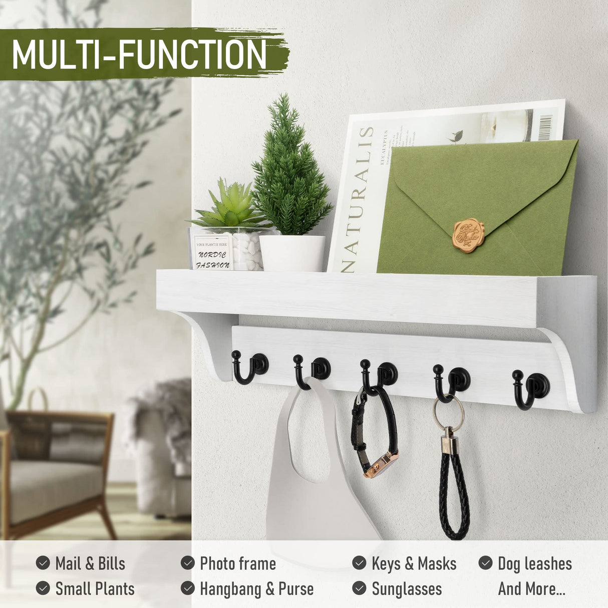 Rebee Vision Key and Mail Holder for Wall with Floating Shelf : Decorative Hanging Organizer with 5 Sturdy Keys Hooks and Wall Mount Key Rack - Farmhouse Entryway Décor (Modern White) Rebee Vision