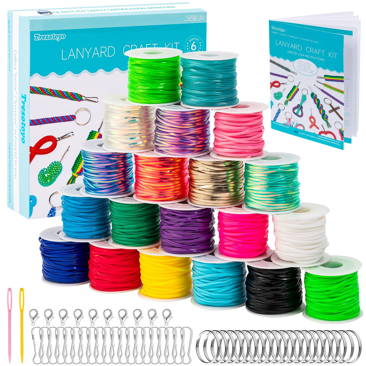 Tresotoyo Lanyard String, 20 Rolls Gimp String, Plastic String Lacing Cord, Boondoggle String Kit 1200 Feet and 52Pcs Keychain Lanyards Accessories for Keychain Crafts, Bracelet with Instruction Box Tresotoyo
