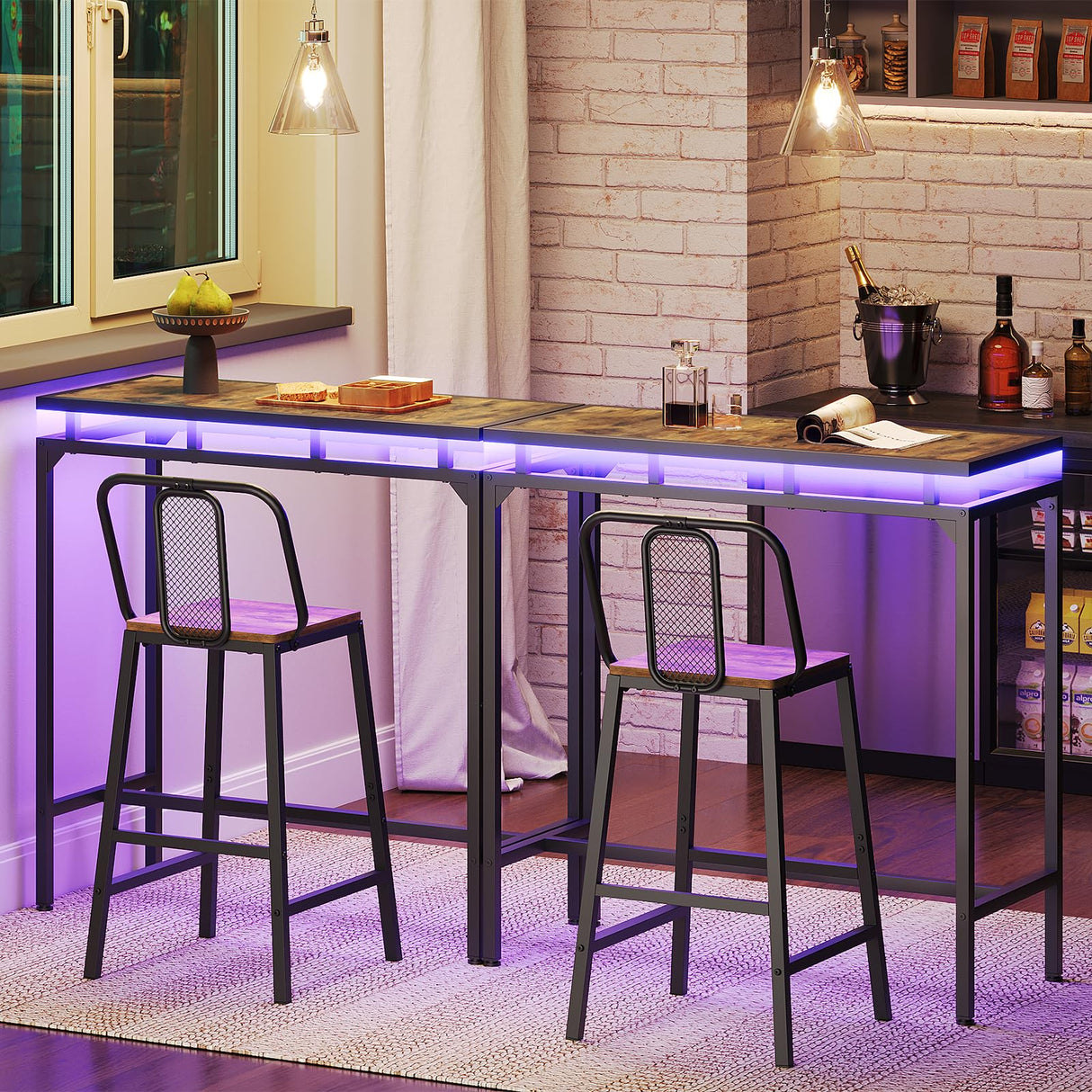 YATINEY Bar Table with LED Lights, Counter Height Table, Bar Height Table, Pub Table, Gaming Table, Metal Frame, for Living Room, Dining Room, Pub, Rustic Brown and Black BT01DBR YATINEY