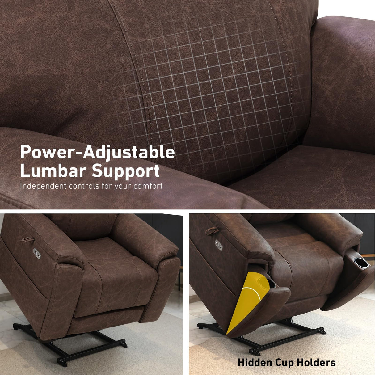 EONIX Triple Motor Lay Flat Power Lift Recliner Chair for Elderly, 400lbs Large Electirc Lift Chair for Living Room, Independent Adjustable Lumbar, Extended Footrest, Hidden Cup Holders, Dark Brown EONIX