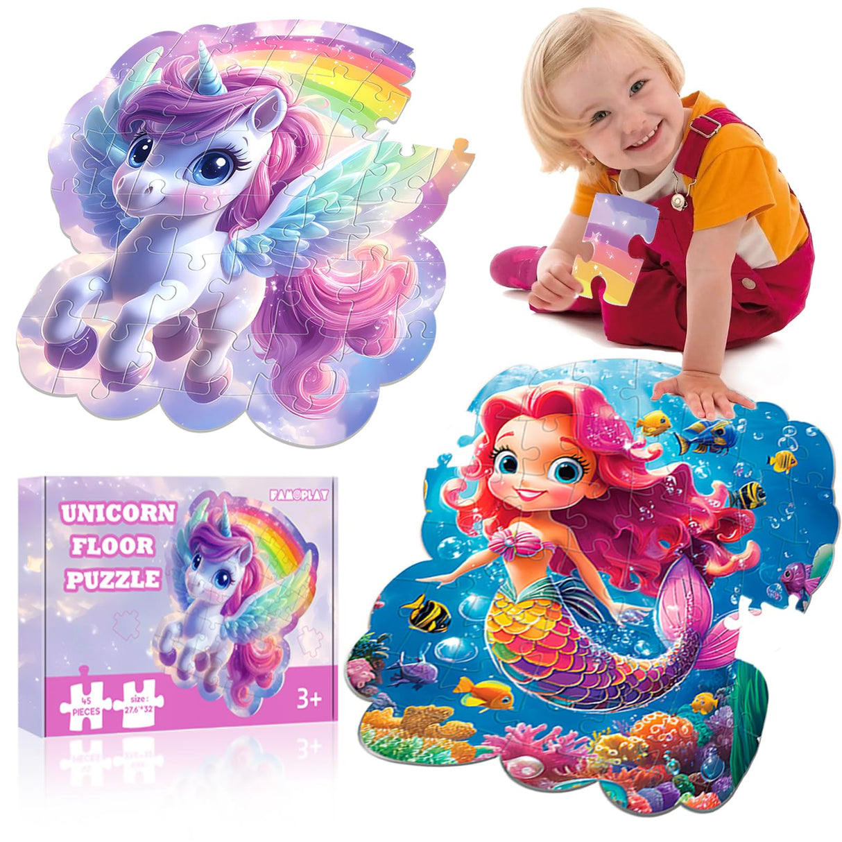 FAMOPLAY 45pcs Unicorn & Mermaid Double-Sided Floor Puzzles, Ages 3-8, 27.6x32 In, Waterproof, EVA Material, Jumbo Jigsaw Puzzle, 1 Set of 45 Pieces FAMOPLAY