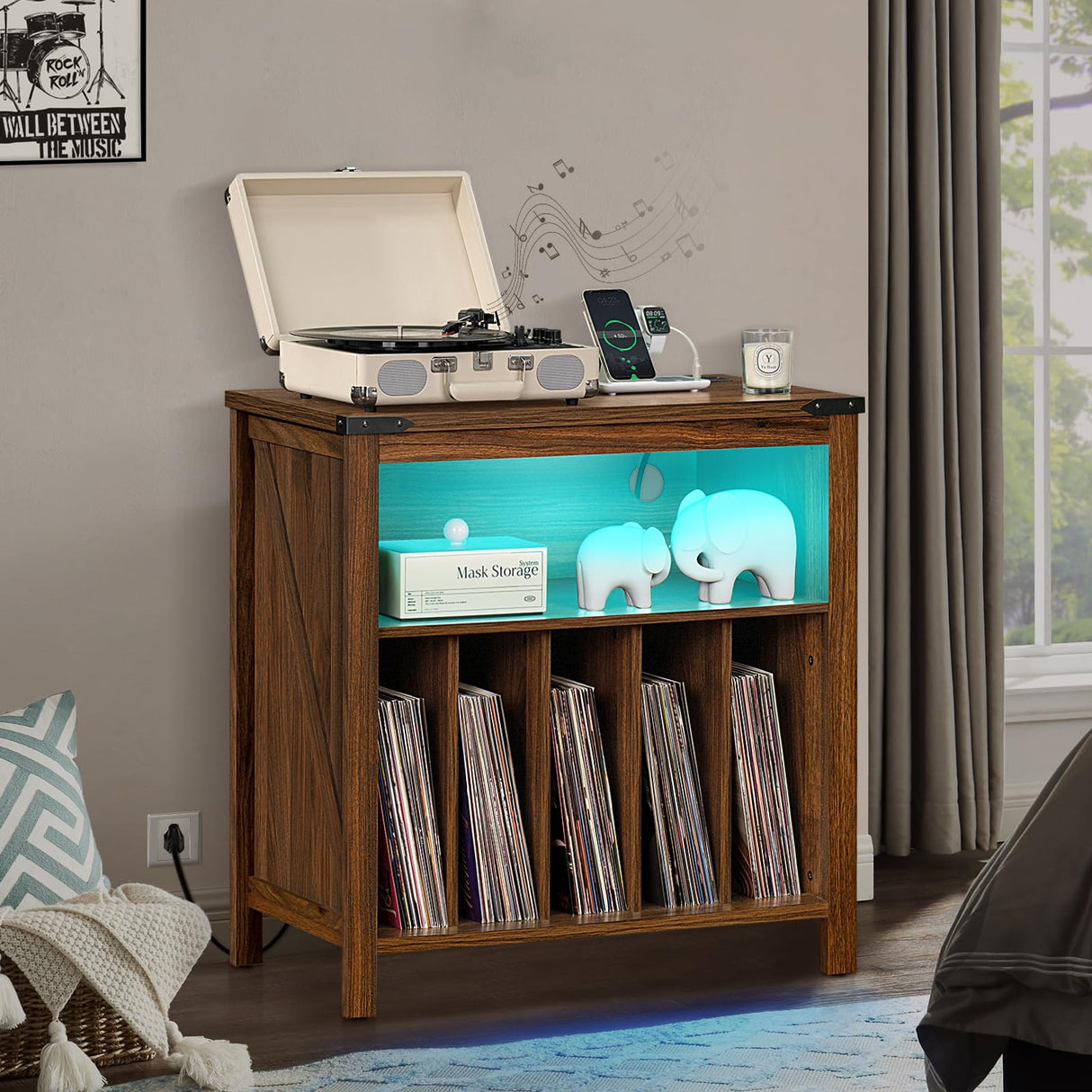 Joaxswe Large Record Player Stand with Charging Station & LED Lights, Vinyl Records Storage Holder Cabinet Holds up to 230 Albums, Turntable Stand for Music Room, Bedroom, Living Room, Office (Brown) Joaxswe