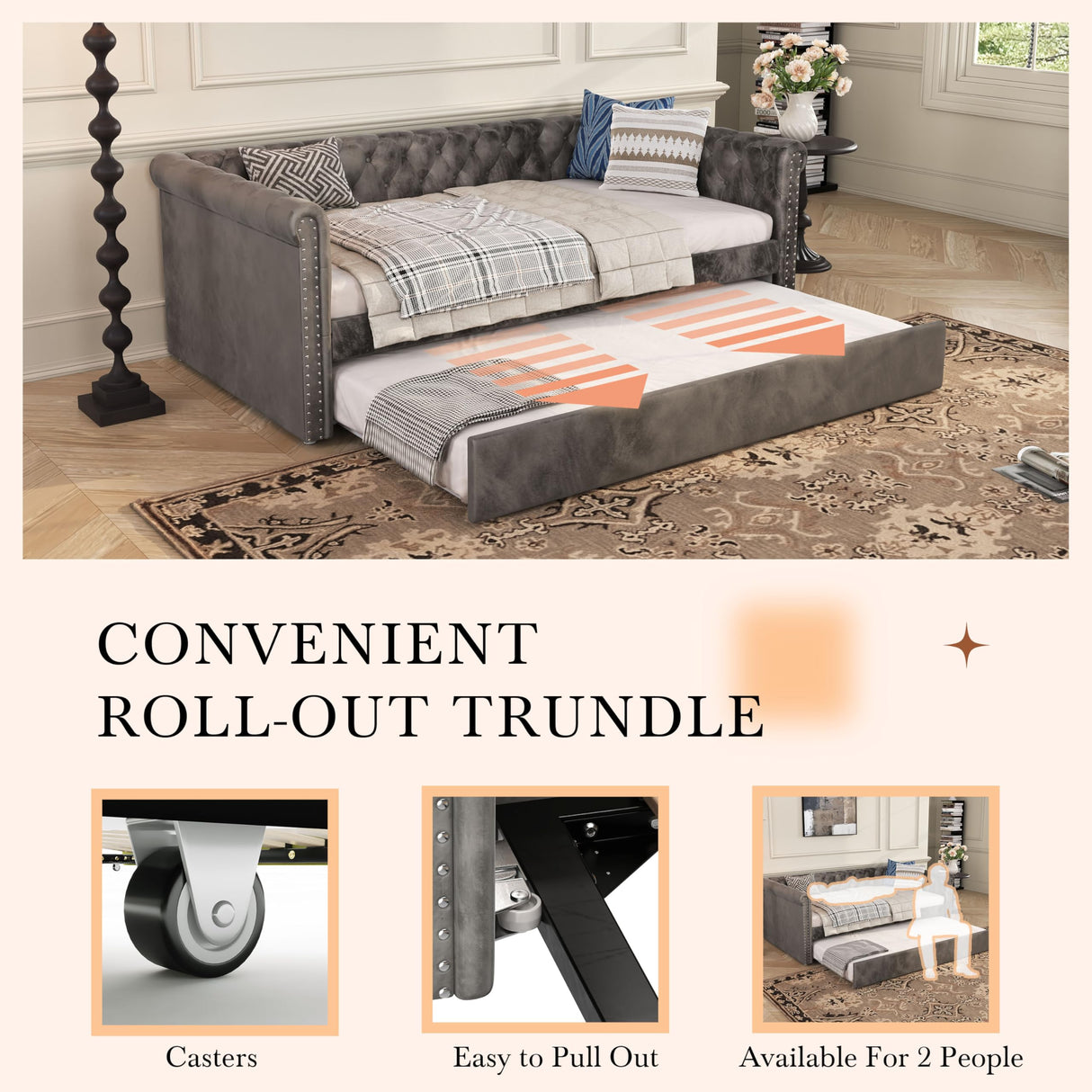 Christopher Knight Home Upholstered Daybed with Trundle, Twin Size Trundle Sofa Bed, Couch Bed with Backrest and Curved Armrests, No Box Spring Needed, for Living Room, Bedroom and Guest Room, Grey Christopher Knight Home