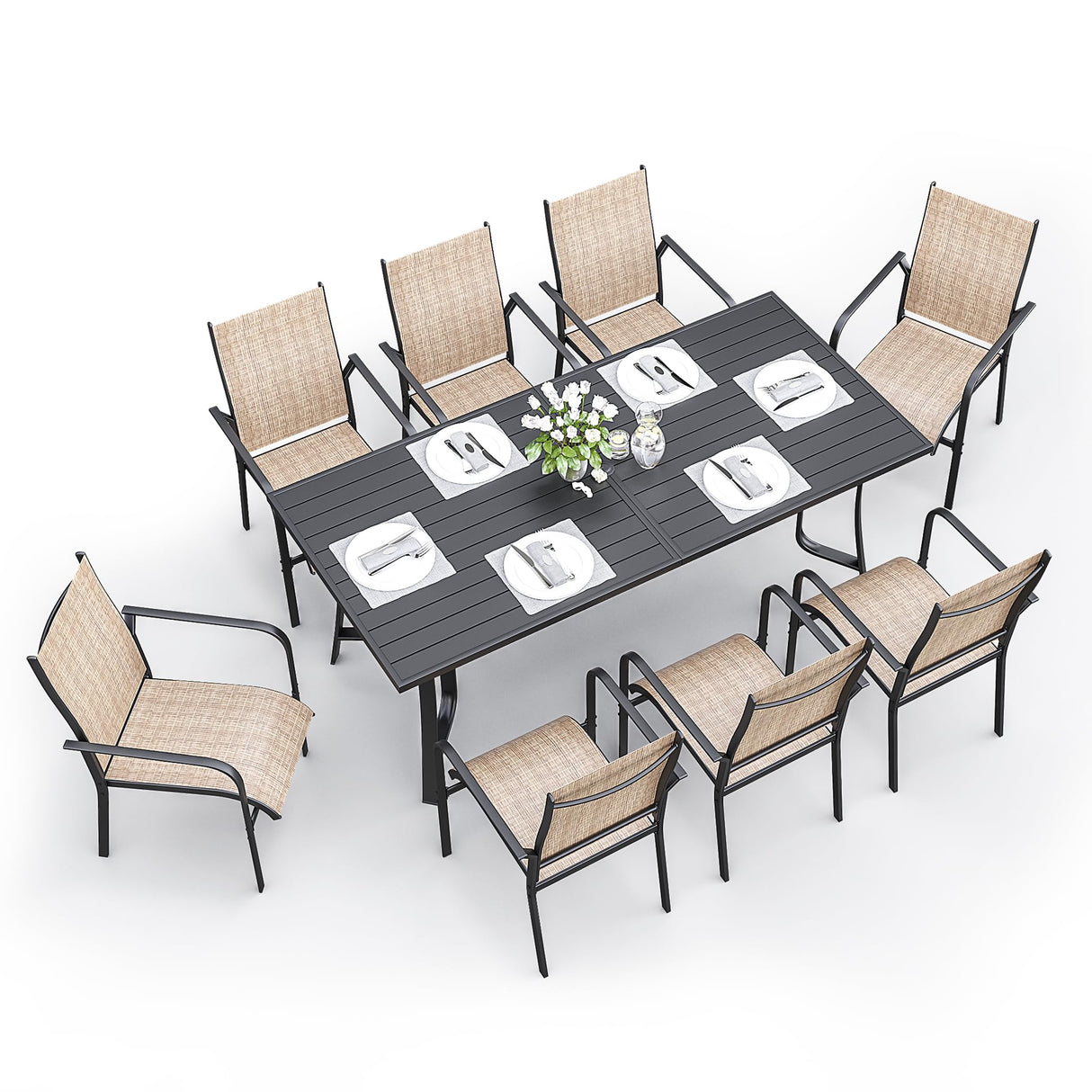 BUPPLEE 9-Piece Outdoor Patio Dining Set with 8 Stackable Chairs, Rectangular Metal Table with Umbrella Hole, 8-Person Patio Table and Chairs for Backyard, Poolside, Balcony and Garden Brown BUPPLEE