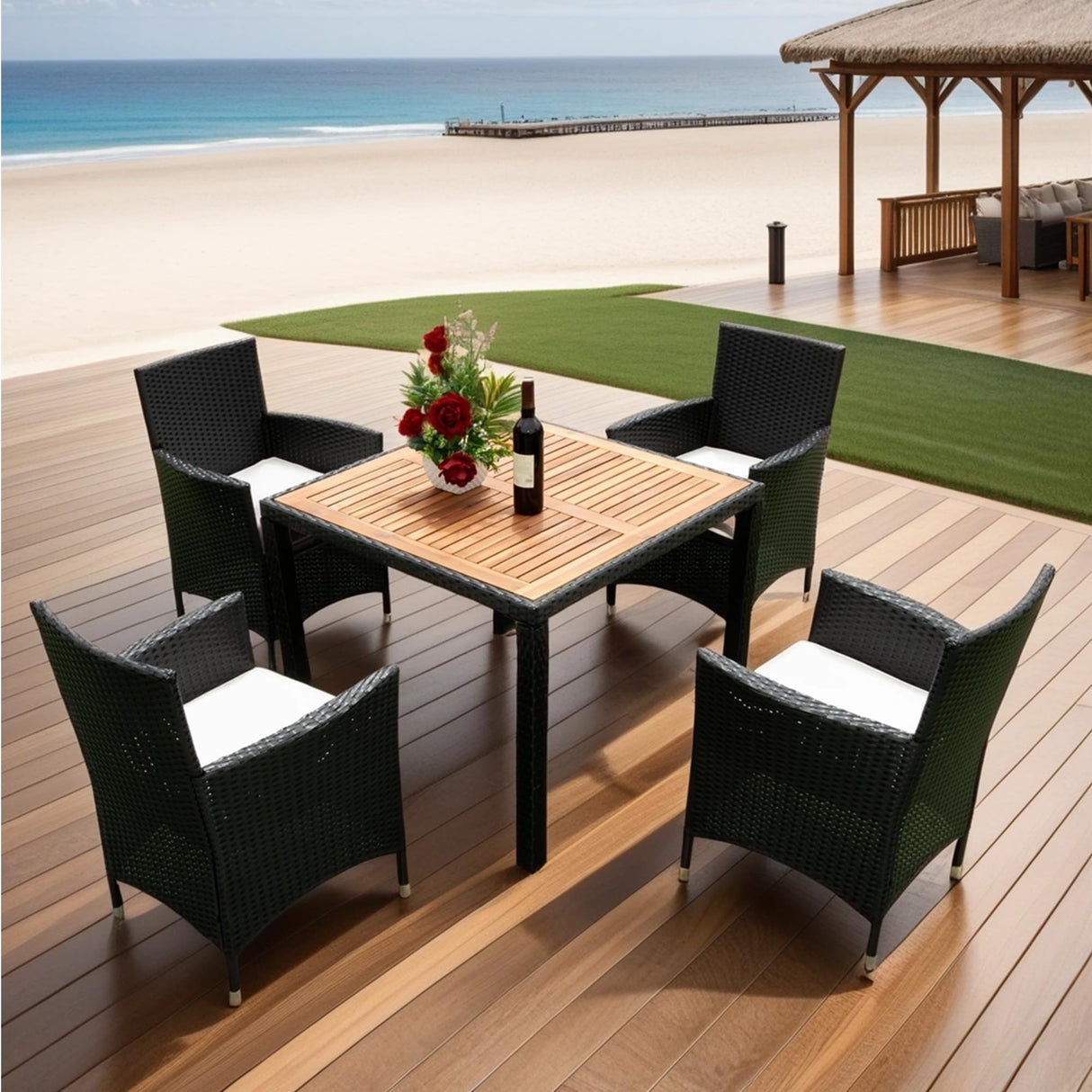 Quarte 5 piece Outdoor Patio Wicker Dining Set, Dining Table with Acacia Wood Tabletop and Stackable Armrest Chairs,Patio Rattan Furniture Dining Set Quarte