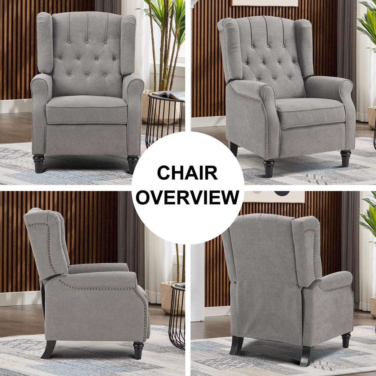 EBELLO Pushback Recliner Chair, Fabric Armchair Push Back Recliner with Rivet Decoration, Mid Century Wingback Accent Chair for Living Room, Bedroom, Grey EBELLO