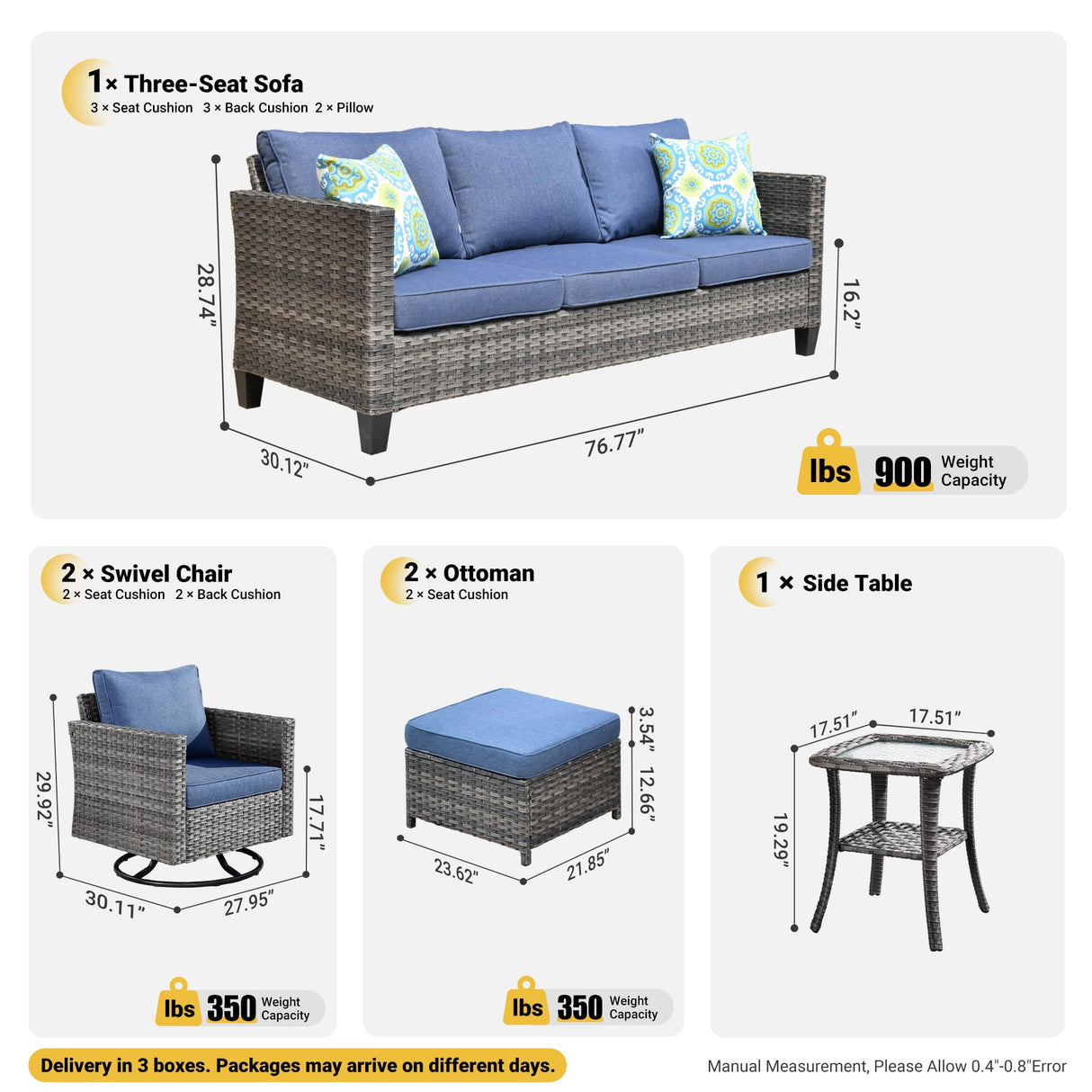 ovios Patio Furniture Set, 6 Piece Outdoor Wicker Sofa with Swivel Rocking Chairs and Comfy Cushions, High Back Rattan Couch Conversation Set, Denim Blue ovios