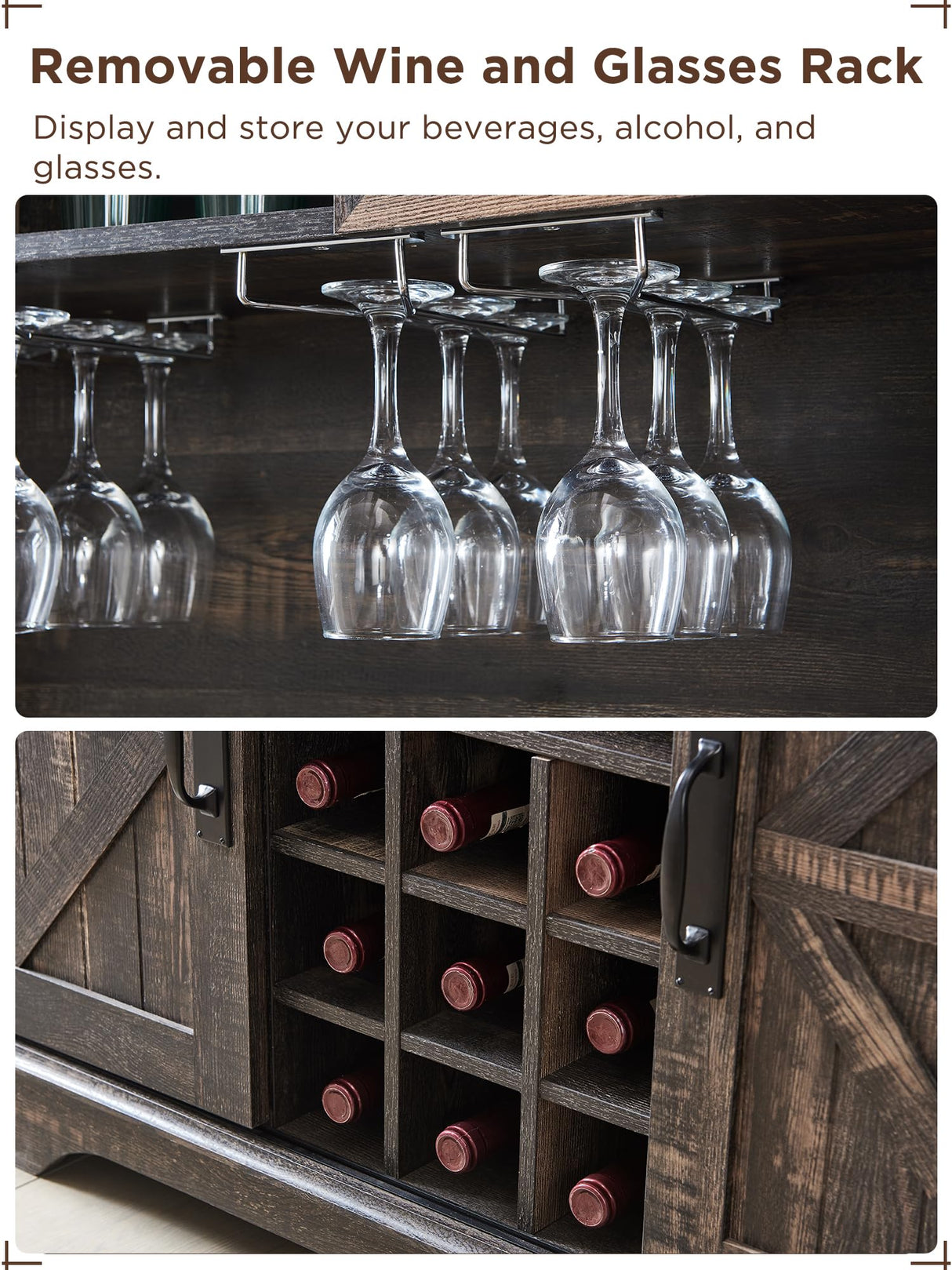 OKD 72" Farmhosue Bar Cabinet with Sliding Barn Door, Large Kitchen Buffet with Hutch w/Wine & Glasses Rack, 3 Drawers, 12 Storage Shelves, Rustic Coffee Bar Sideboard Table, Dark Rustic Oak OKD