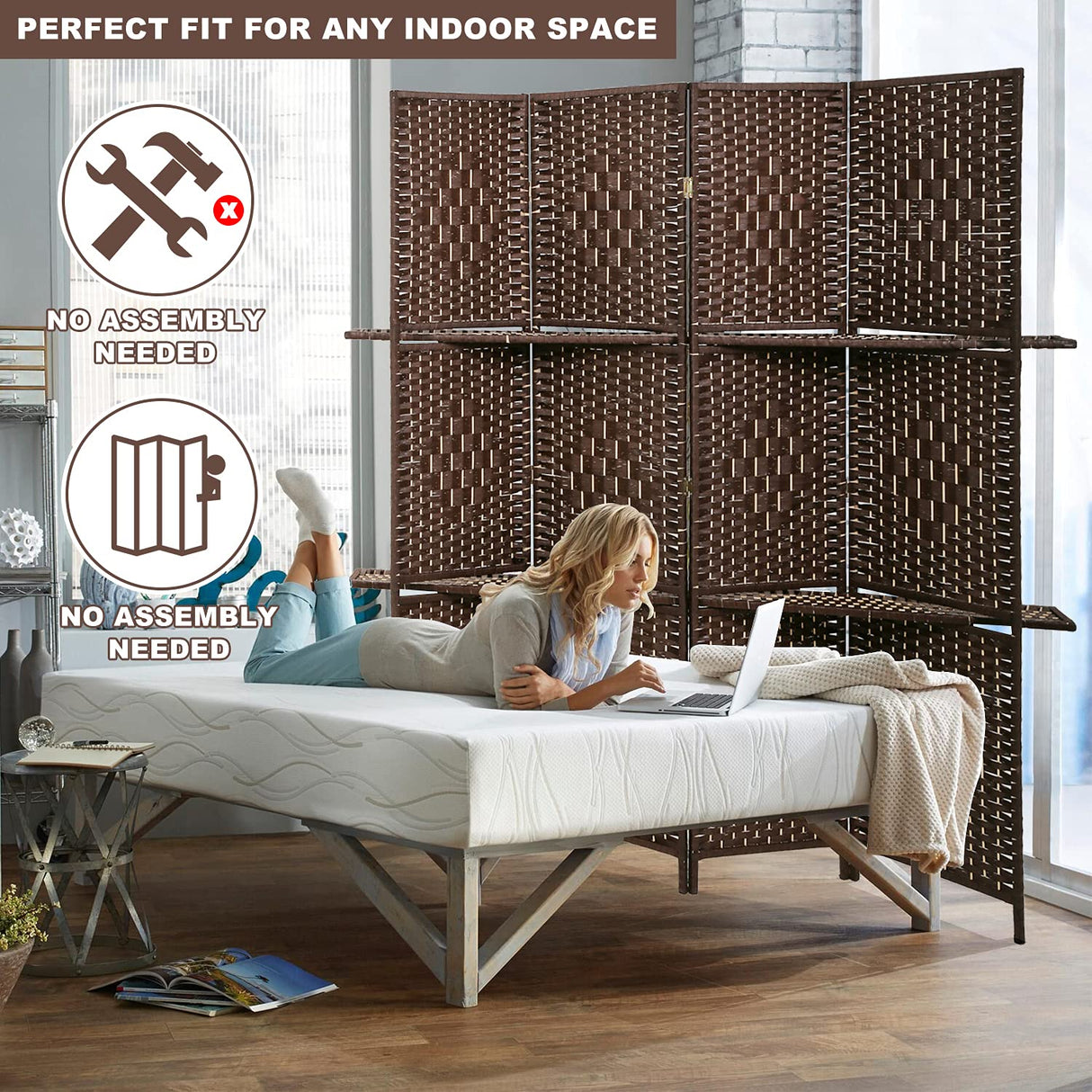 Room Dividers and Folding Privacy Screens 4 Panel 67 Inch Tall Portable Room Seperating Divider w/ 2 Display Shelves Solid Wood Room Partitions and Dividers Freestanding for Home, Office Dkeli