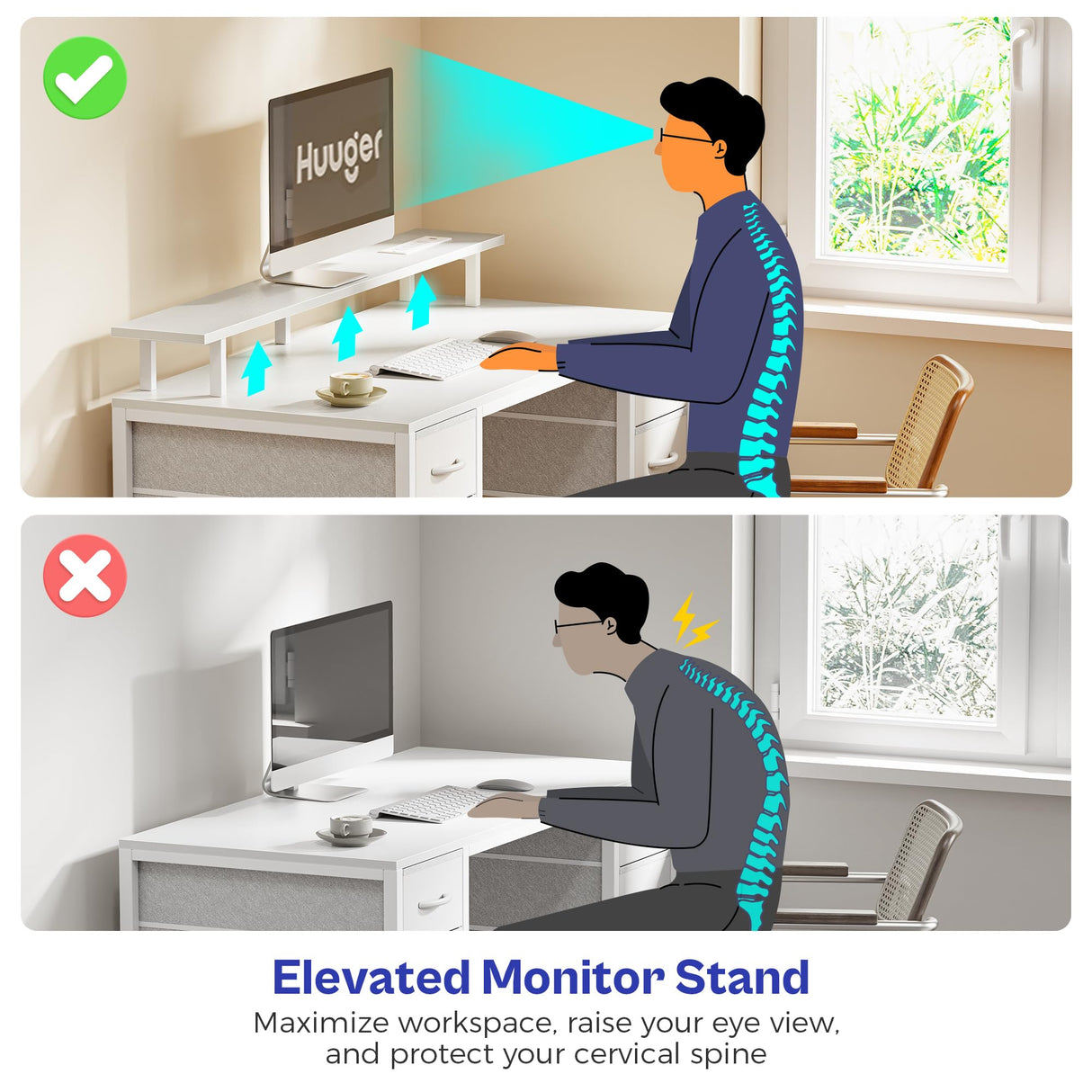 Huuger 47 inch Computer Desk with 4 Drawers, Gaming Desk with LED Lights & Power Outlets, Home Office Desk with Large Storage Space for Bedroom, Work from Home, White Huuger