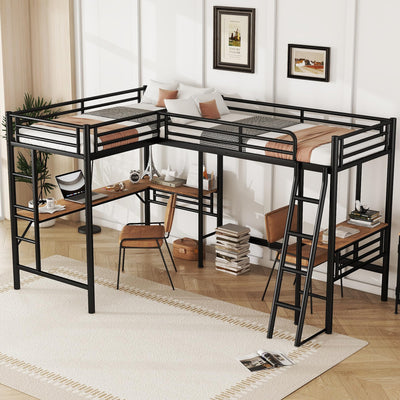 Twin Size Loft Bed - L Shaped Metal Bed Frame with Two Built-in Desks, Heavy Duty High Loft Bed Frame with Safety Guardrails & Stairs, Space Saving for Bedroom Dormitory Apartment Guest Room, Black