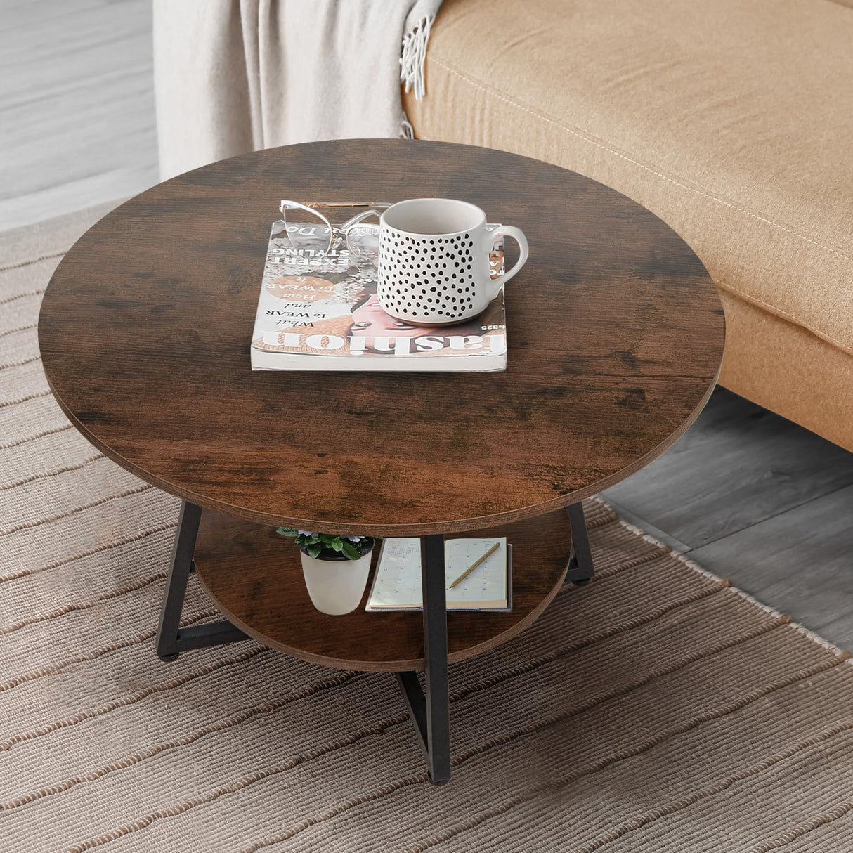 Masigle Round Coffee Table, 2-Tier Circle Coffee Table with Storage, Modern Wood Round Center Table, for Living Room, Small Space, Home Office, Easy Assembly, Rustic Brown Masigle