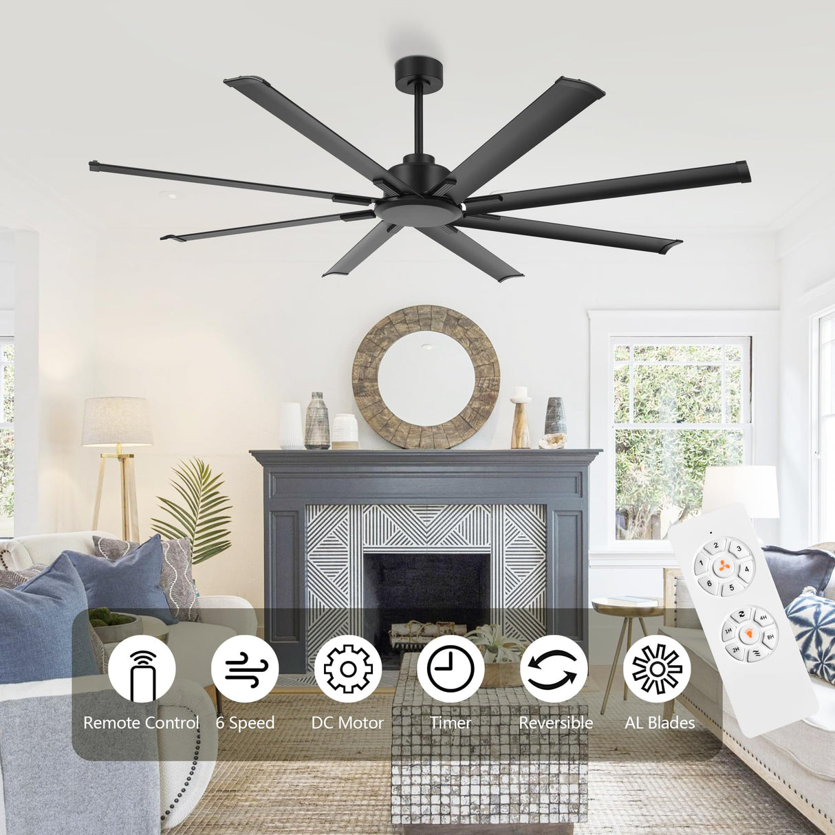 LEDLUX 72" Ceiling Fan No Light, Reversible DC Motor, 6 Speed Remote Control, Industrial 9 Aluminum Blades with 3 Downrods for Home or Commercial, Living Room/Warehouse Black LEDLUX