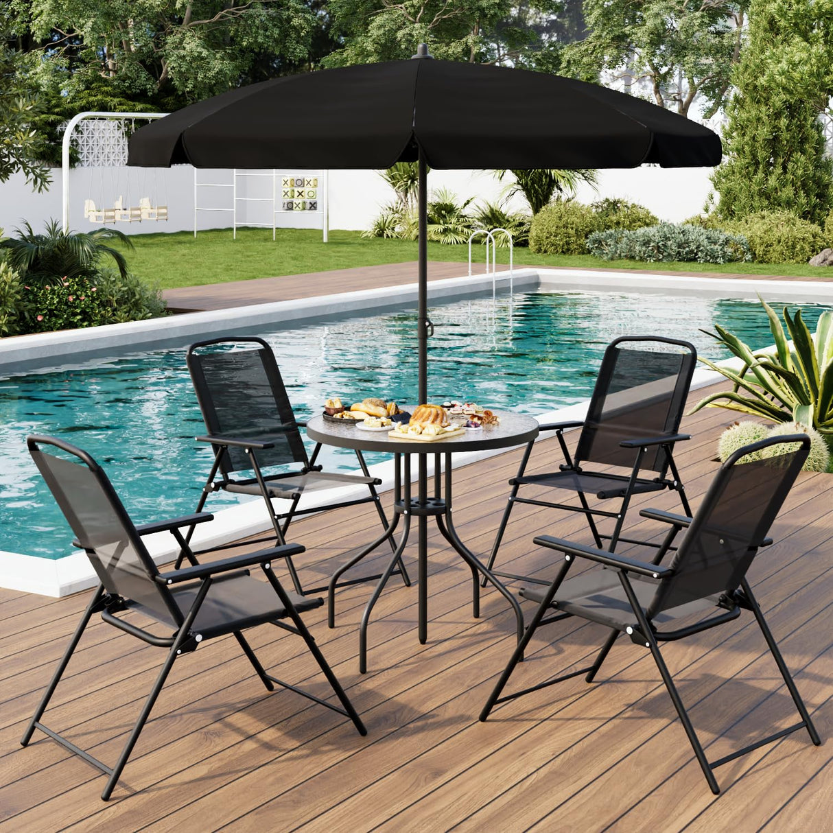 TAVATA 6 Piece Patio Dining Set with Umbrella, Outdoor Furniture Set with 4 Folding Chairs & Portable Metal Garden Table for Lawn, Backyard, Deck, Camping(Black) TAVATA