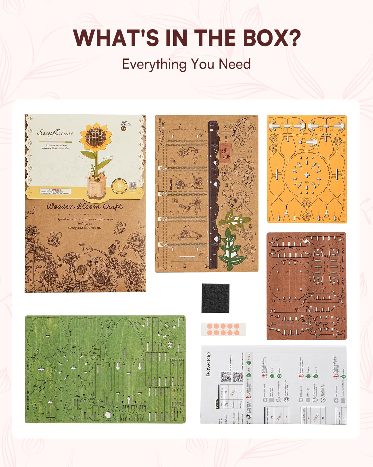 ROBOTIME 3D Puzzles Wooden Flower Sunflower DIY Model Building Kit to Build for Adults Bouquet Botanical Collection Craft Brain Teaser Puzzle Creative Gift Home Decor ROBOTIME