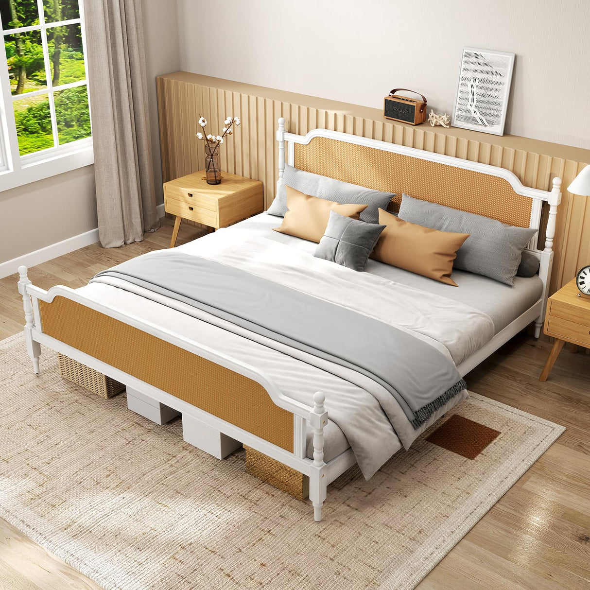 Rattan Queen Bed Frame, Queen Size Platform Bed Frame with Natural Headboard and Footboard, Boho and Mid Century Style, Solid Pine Wood, No Box Spring Needed, Easy Assembly, Antique White/Walnut WATHPUR