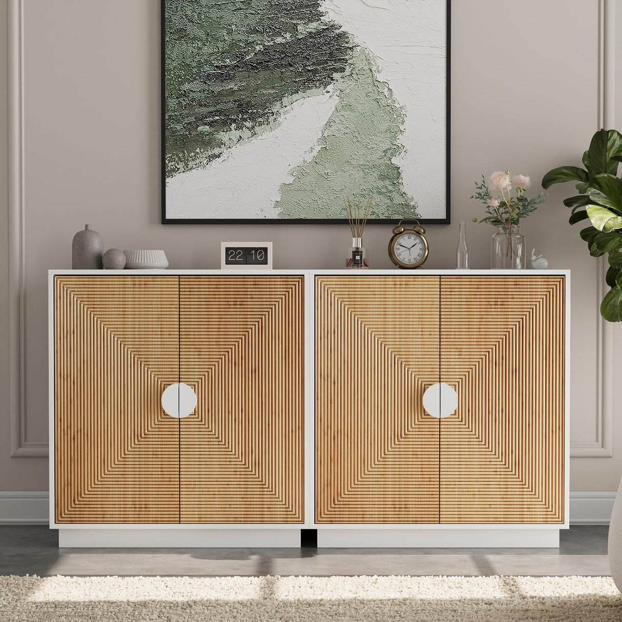 TUSY 4-Piece Large TV Stand with Bookshelves for TVs up to 75”, Wall Unit Entertainment Center with Doors, TV Cabinet for Living Room, Bedroom & Home Theater, White TUSY