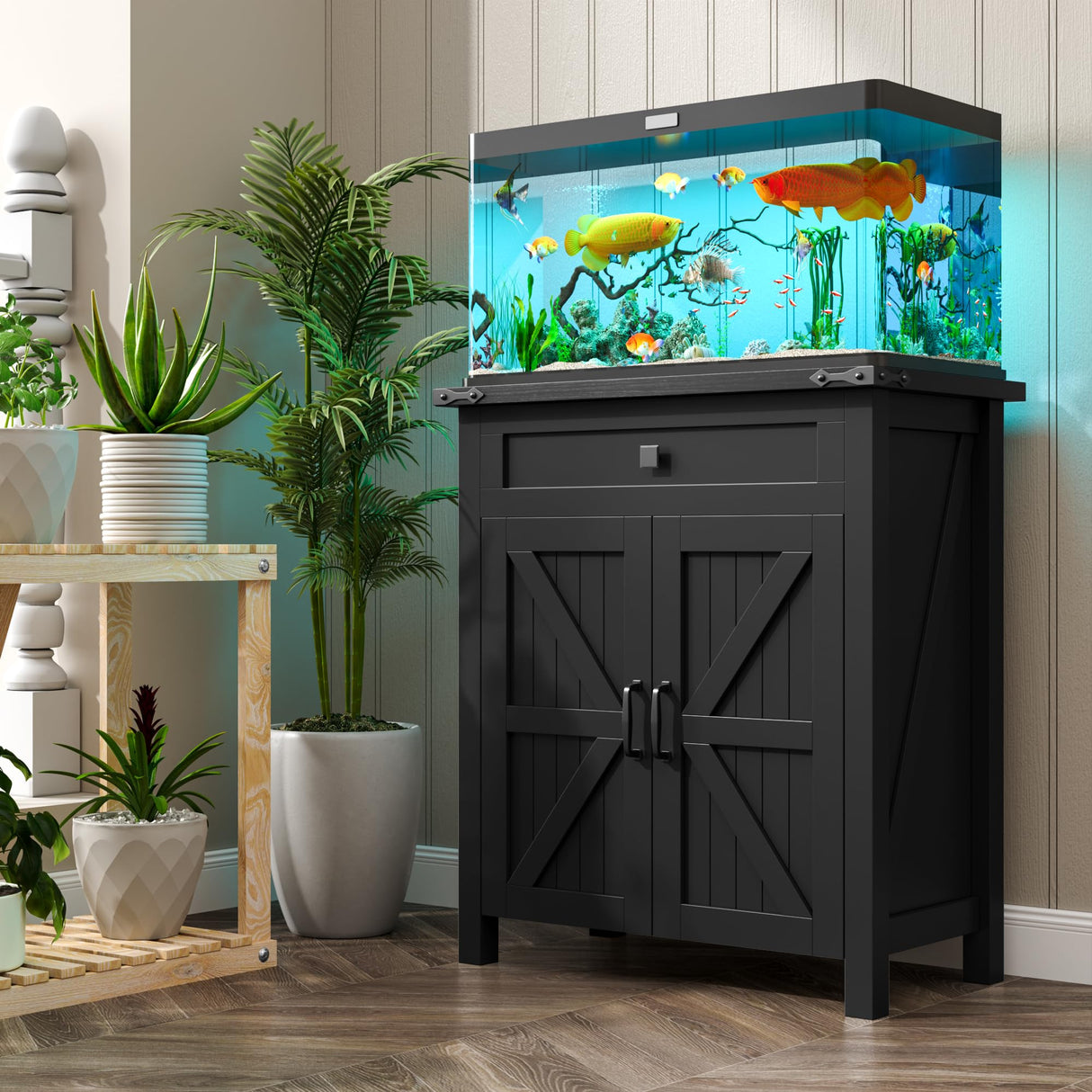 kepptory 20 Gallon Fish Tank Stand with Power Outlets, Farmhouse Decorative Aquarium Stand Furniture with Adjustable Shelves, 10-20 Gallon Reptile Turtle Tank Stand with Cabinet Storage (Black, 20GL) kepptory