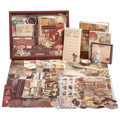 Scrapbook Photo Album Supplies Kit with Tweezers and Glue Tape – Vintage Aesthetic Junk Journaling Set, Scrapbooking Paper, Sticker Pack, Notebook, Stationery Kit, Gift for Adults Teens (Mushroom)