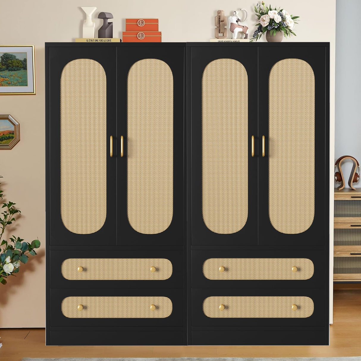 MJADUE Wood Wardrobe Closet with 2 Doors and Drawers, Wooden Closet Storage Cabinet with Gold Handles for Clothes, Rattan Freestanding Wardrobe Cabinet for Bedroom/Apartment,Black MJADUE