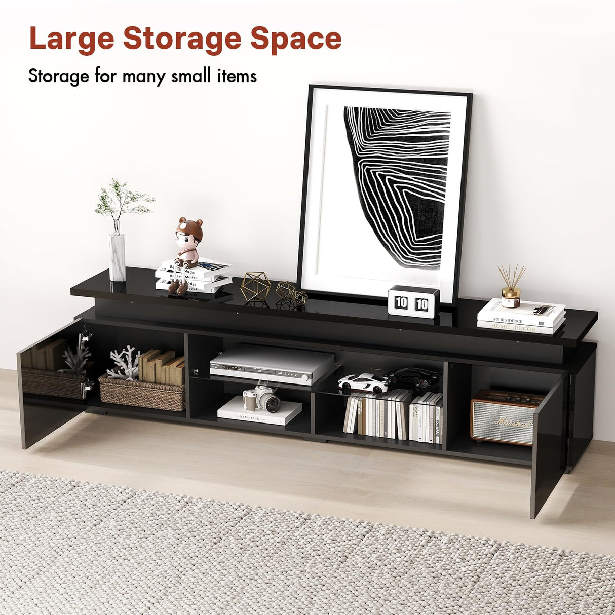 Redkey Modern TV-Stand with Light - Television Stands for 70 75 80 Inch TVs - Entertainment Center with Storage Cabinet for Bedroom Living Room - Open Glass Shelves - 2AC Outlet - Black Redkey