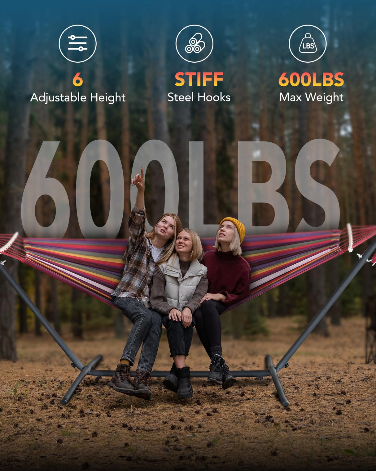 EveryFun Double Hammock with Heavy-Duty Steel Stand,Portable,Easy Assembly,600lbs Weight Capacity,Perfect for Indoor,Yard,Camping,or Outdoor-Rainbow Everyfun