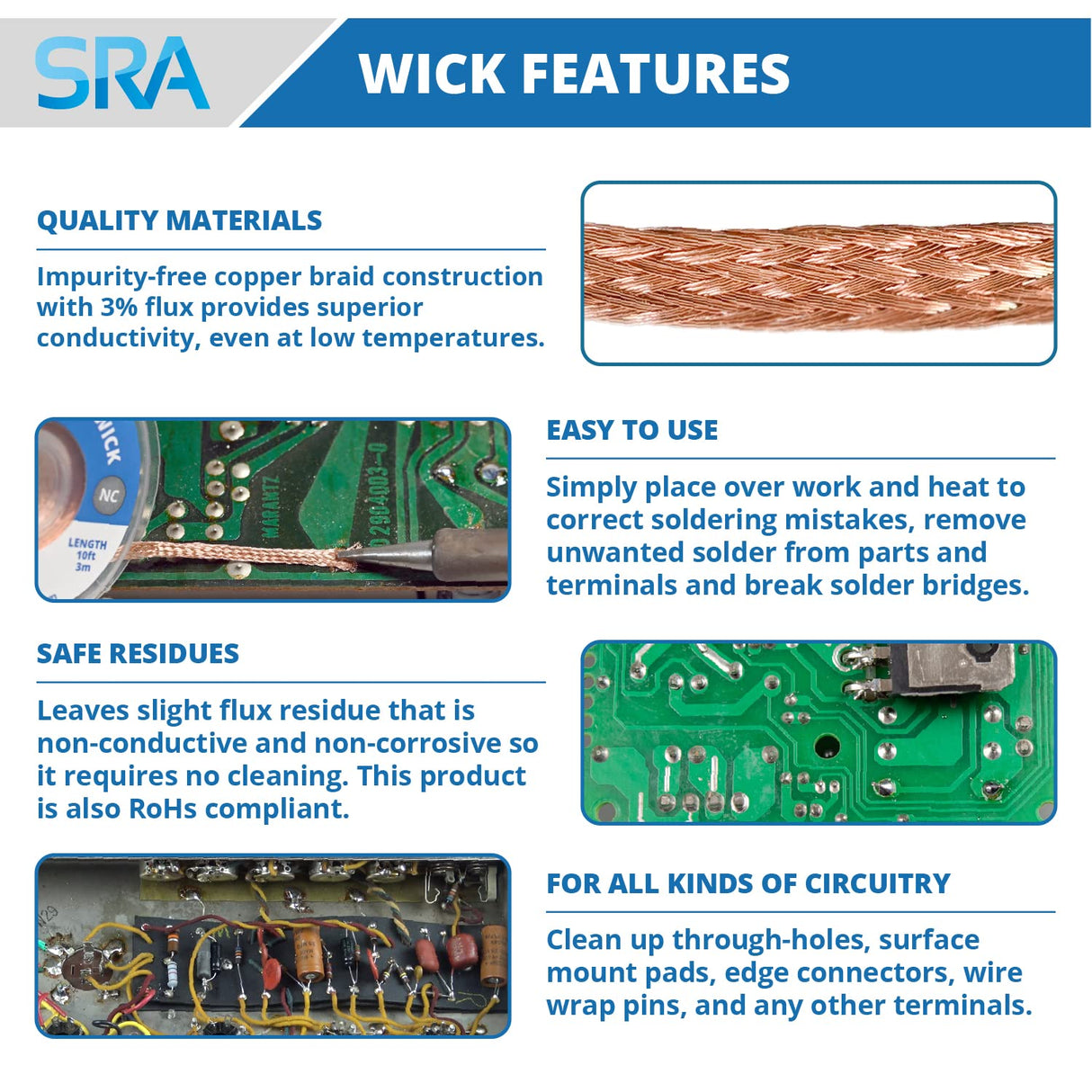 SRA Soldering Wick with Flat Woven Copper Desoldering Braid Strip and No Clean Flux for Easy Damage-Free Solder Removal - 3 Pack 10 Foot Solder Wick Spool SRA Soldering Products