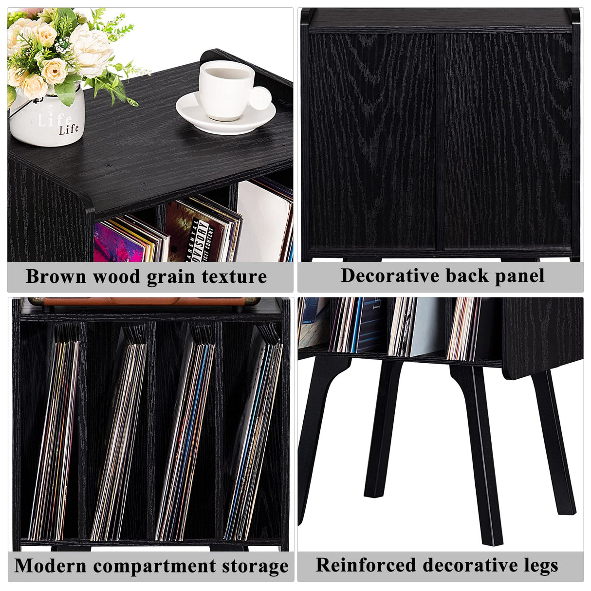 LELELINKY Record Player Stand,Black Vinyl Record Storage Table with 4 Cabinet Up to 100 Albums,Mid-Century Turntable Stand with Wood Legs,Vinyl Holder Display Shelf for Living Room LELELINKY
