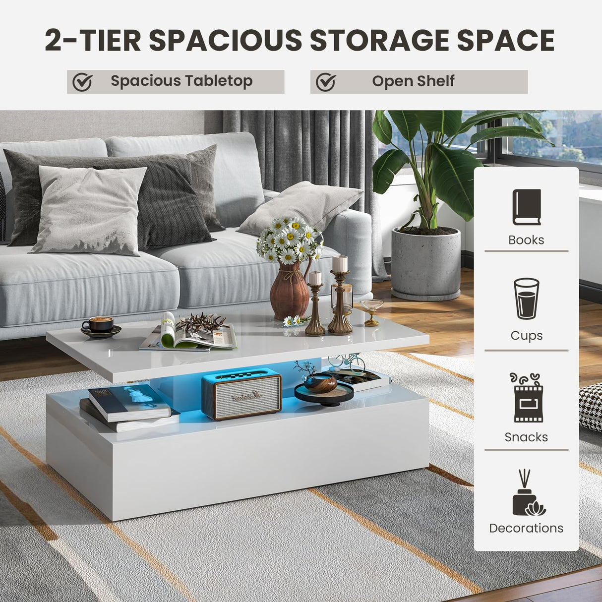 Tangkula LED Coffee Table, Modern High Gloss Coffee Table w/ 20-Color LED Lights, Adjustable Speed & Brightness, Remote Control, Open Shelf, 2-Tier Rectangle Living Room Center Table (White) Tangkula