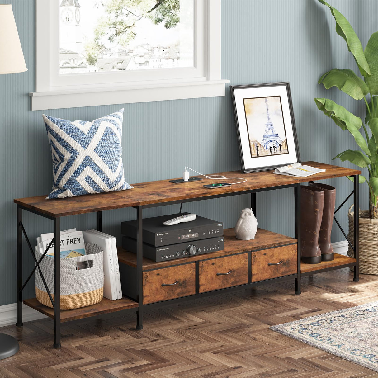 Fixwal TV Stand for 65 60 70 Inch TV with Power Outlets, Entertainment Center with Fabric Drawers, TV Console Table with Metal Frame Storage Shelves for Living Room, Bedroom - 63" Rustic Brown Fixwal