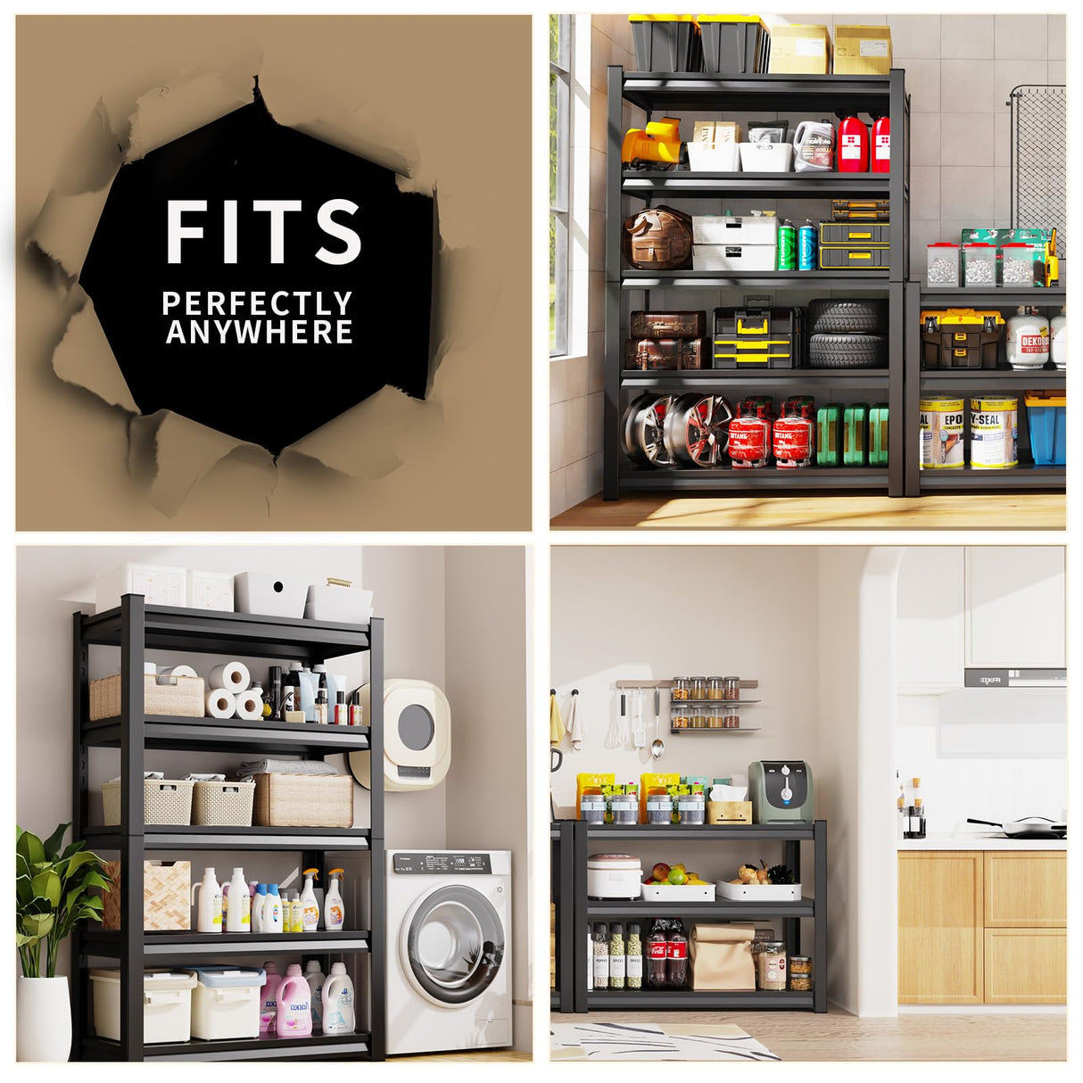 2 Pack Garage Shelving Heavy Duty Storage Shelves 3000LBS Adjustable Garage Shelves 5 Tier Metal Shelving Unit Utility Rack Shelf for Storage Kitchen Warehouse Pantry, Black,72" H x 59" W x 20" D AOJUFEO