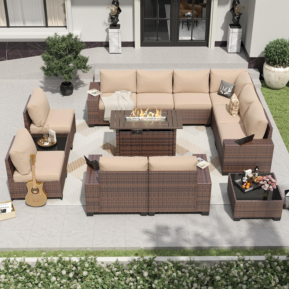 Aoxun 13 Pieces Patio Furniture Set with 44” Fire Pit Table Wicker Rattan Outdoor Sectional Conversation Set with Coffee Table and 4” Thickened Cushions, Beige (Waterproof Cover Included) Aoxun