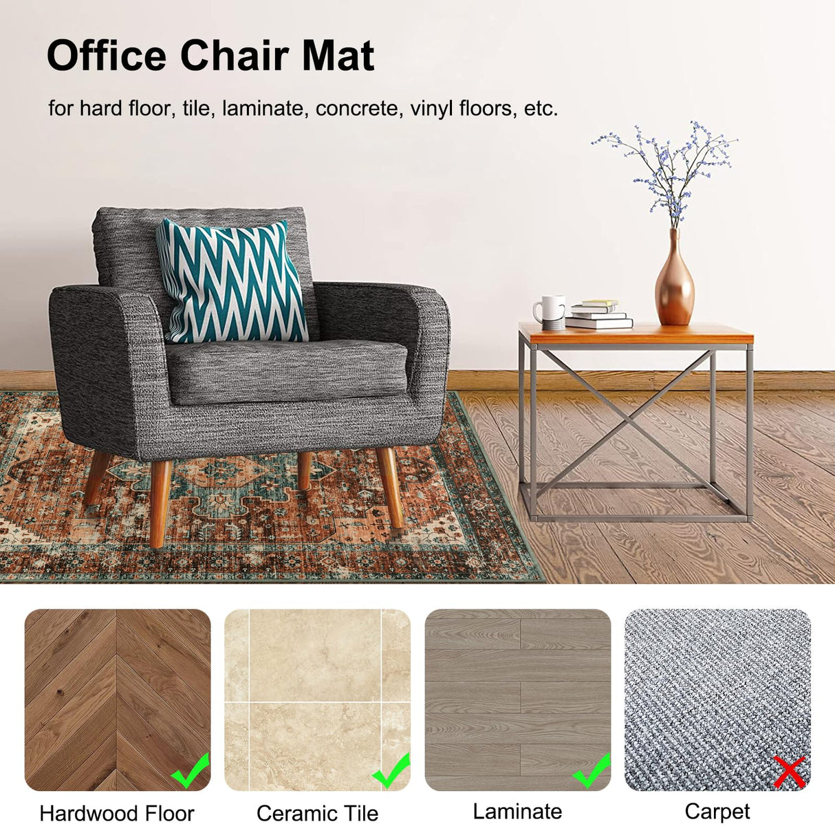 Anidaroel 48"x60" Chair Mat for Hardwood Floor/Tile Floor, Desk Chair Mat for Hard Floors, Under Desk Rug Protector for Rolling Chair, Computer Gaming Chair Mat, Low Pile Carpet Floor Mat Anidaroel