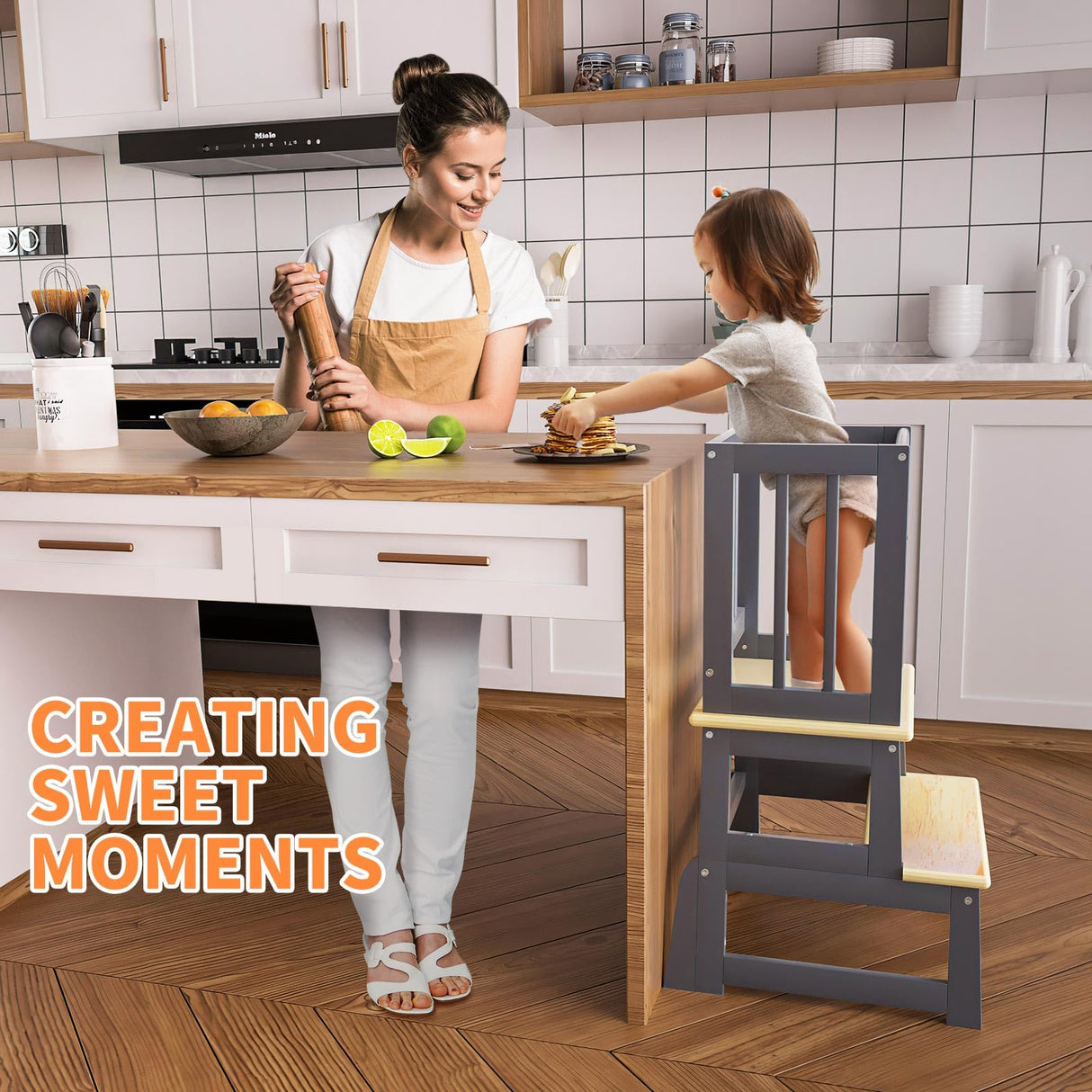 Kids Kitchen Step Stool, Toddler Montessori Learning Standing Tower, Ideal Toddler Kitchen Stool Helper for Bathroom Sink or Kitchen Counter - 2025 Design with 3 Exclusive Upgrades - Gray Mangohood