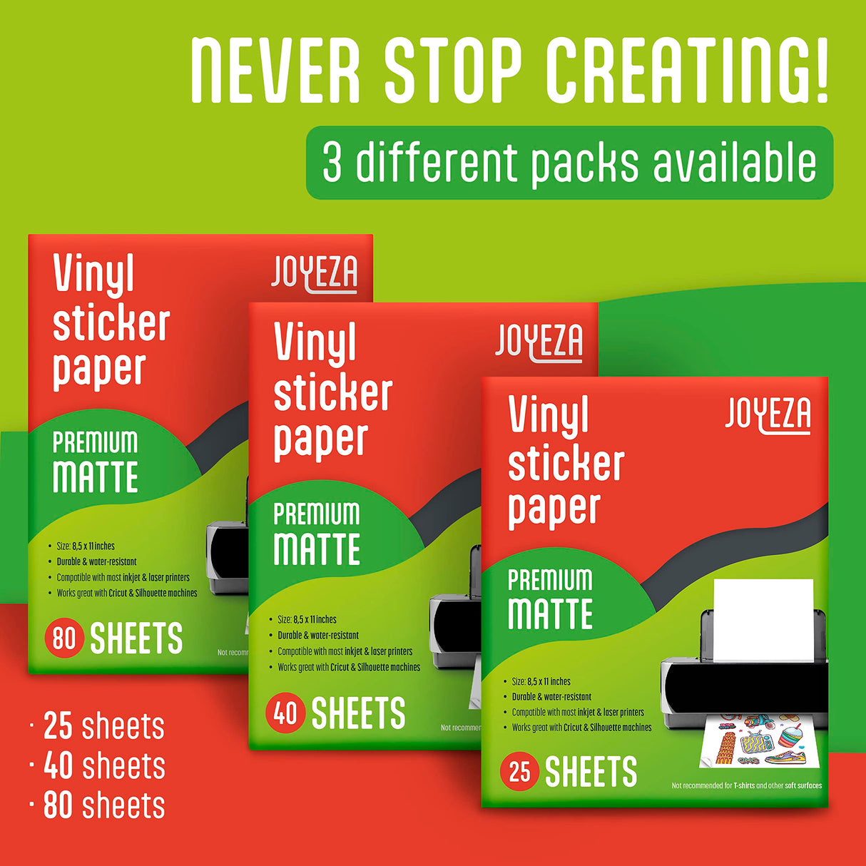 JOYEZA Premium Printable Vinyl Sticker Paper for Inkjet Printer - 25 Sheets Matte White Waterproof, Dries Quickly Vivid Colors, Holds Ink well- Tear Resistant - Inkjet & Laser Printer JOYEZA