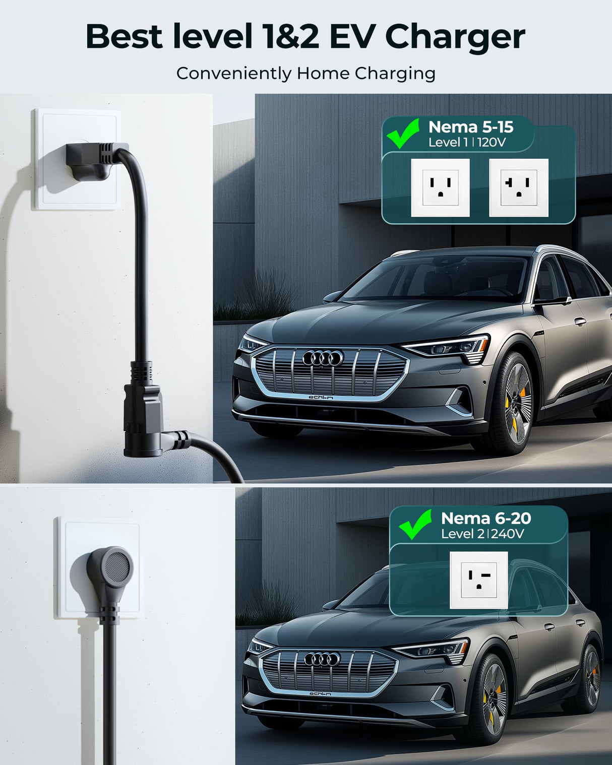 Level 1&2 EV Charger, 2025 Upgraded 16A Electric Car Mobile Charger | Adjustable Current | 110V-240V | NEMA 5-15 & NEMA 6-20 Plug | 21ft Cable | Home Portable Charger for All SAE J1772 EVs Ecogenix