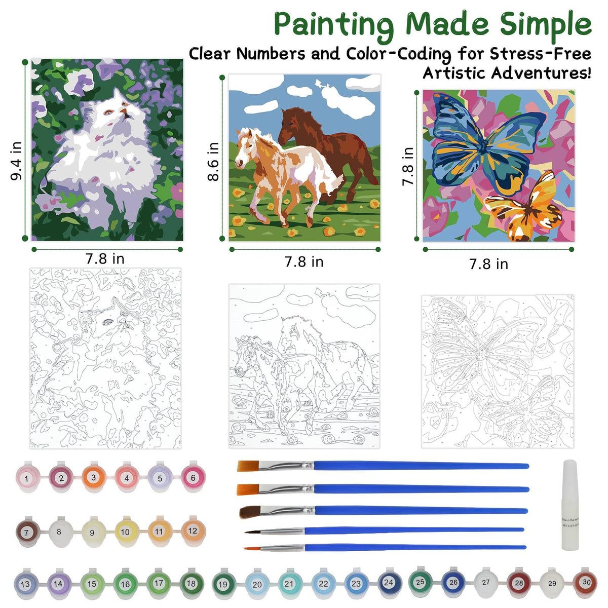 Paint-by-Numbers for Kids Ages 8-12 - Acrylic Paint Set, Paint by Numbers, Glow in The Dark, DIY Craft, Include 3 Canvas Framed with 30 Pots, 5 Brushes, Horse Paint by Number, Wooden Crafts to Paint Wings Giant