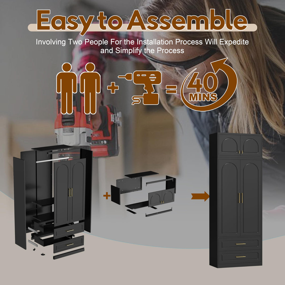 UNICOLY 86" Wardrobe with Drawers, 71'' Armoire Wardrobe Closet with 15" Cabinet, Metal Clothes Storage Cabinet with Hanging Rod, for Bedroom School, Employee, Gym, Assembly Required, Black UNICOLY