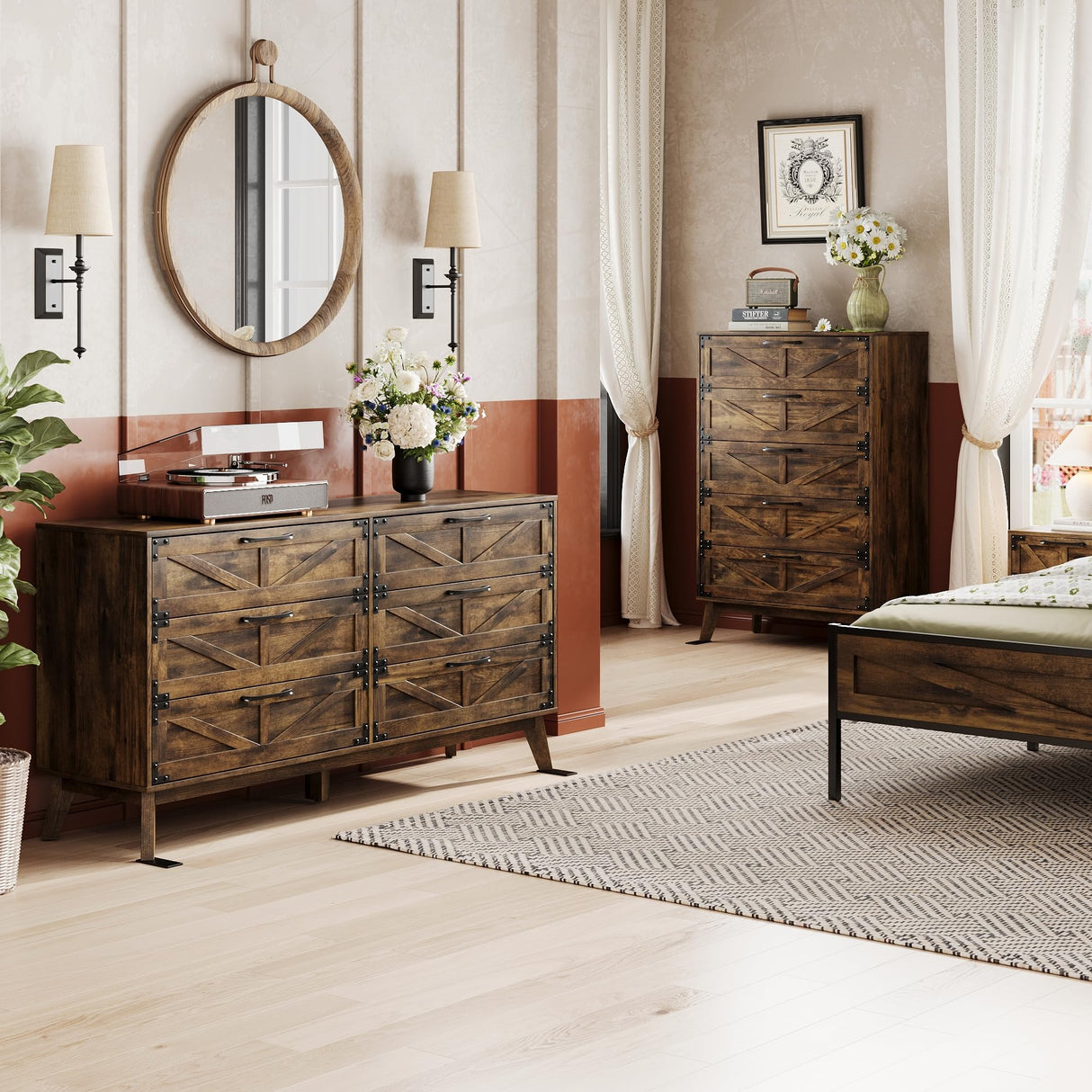 Fameill 59'' Farmhouse 6 Drawers Dresser, Wide Wood Dresser TV Stand, Storage Cabinet with Metal Handles and Generous Storage Space, Dresser for Bedroom, Closet, Hallway, Rustic Brown Fameill