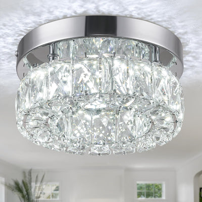 LEONTYNE 7.9 inch Small Modern Crystal Chandeliers Cool White LED Ceiling Chandelier Stainless Steel Flush Mount Ceiling Light Fixtures for Bedroom Foyer Hallway Closet (6500K)