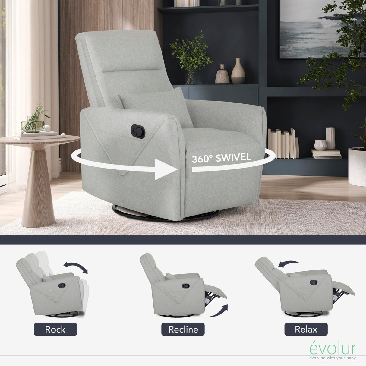 Evolur Sylas Nursery Glider Chair in Luxe Grey - Manual Recliner with 360° Swivel, Lumbar Support, Tufted Back & Side Pockets - Modern Rocking Chair for Baby Room, Nursery & Living Room Evolur
