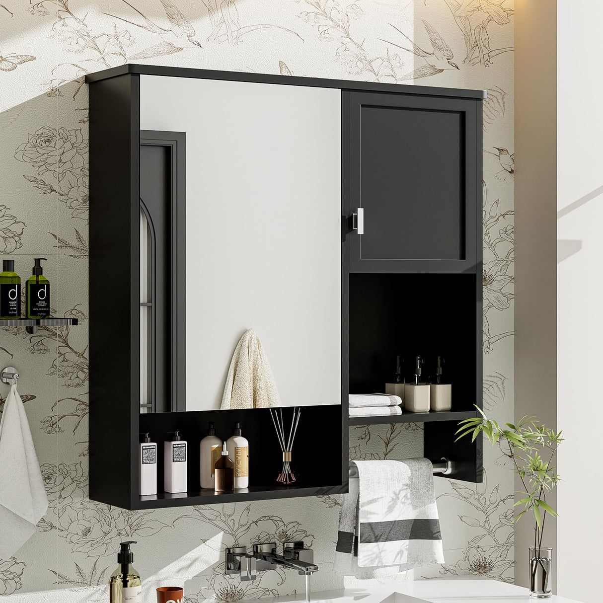 Virubi Modern Bathroom Medicine Cabinet, Bathroom Wall Storage Cabinet with Mirror, Over The Toilet Space Saver Cabinet with Towels Bar (Black) Virubi