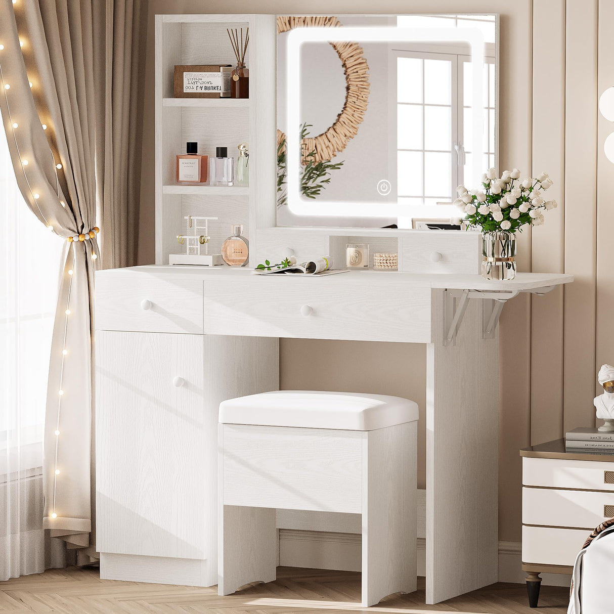 LIKIMIO Vanity Desk with Drawers & LED Lighted Mirror & Power Outlet & Cabinet, Storage Stool, Stylish Bedroom Makeup Table Set, White LIKIMIO